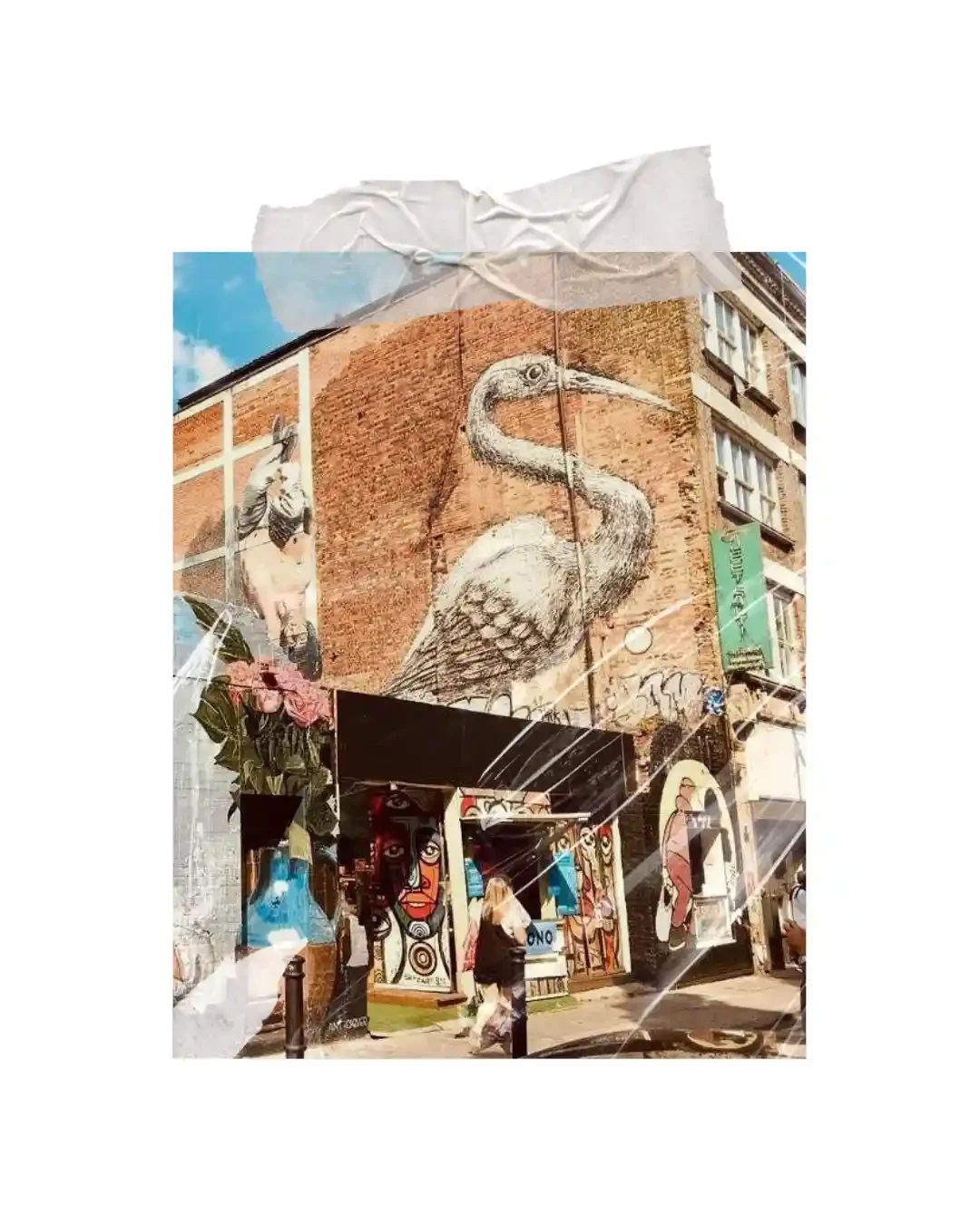 Murals of people and animals decorate brick walls in London.