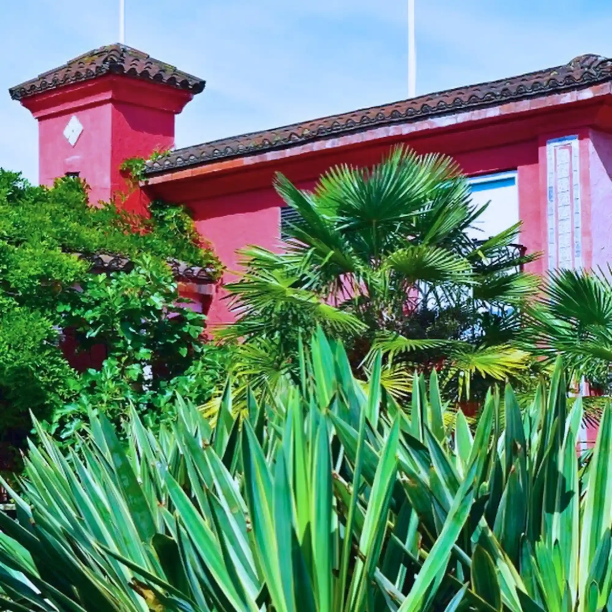 Lush tropical plants surround a vibrant red building at Kensington Roof Gardens in London.