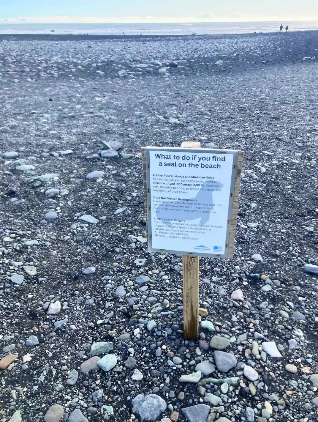 A seal sign on Diamond Beach, Jökulsarlon Glacier Lagoon, Iceland