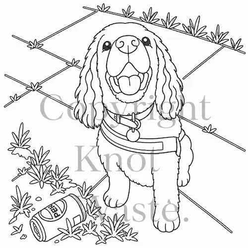 embroidery pattern of a spaniel in urban litter with Knot Waste watermark.