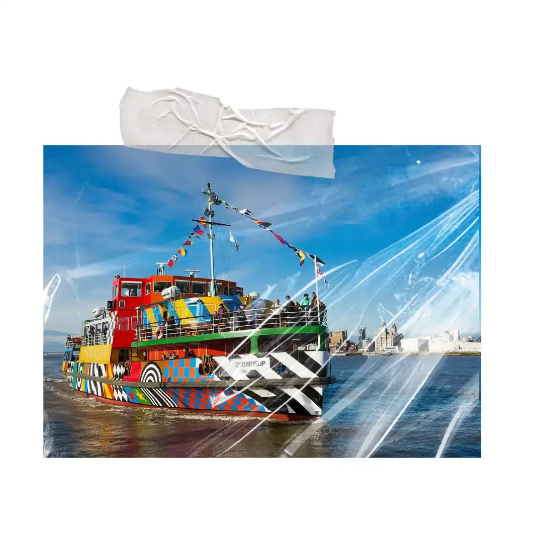 Colourful boat sails across the River Mersey in Liverpool.