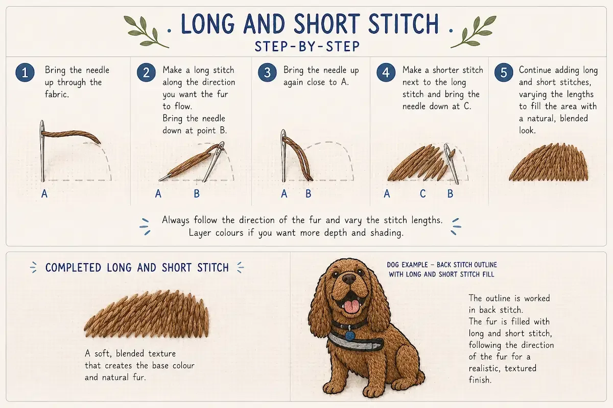 Diagram showing the process of embroidery Long and Short Stitch creation above an embroidered Cocker Spaniel