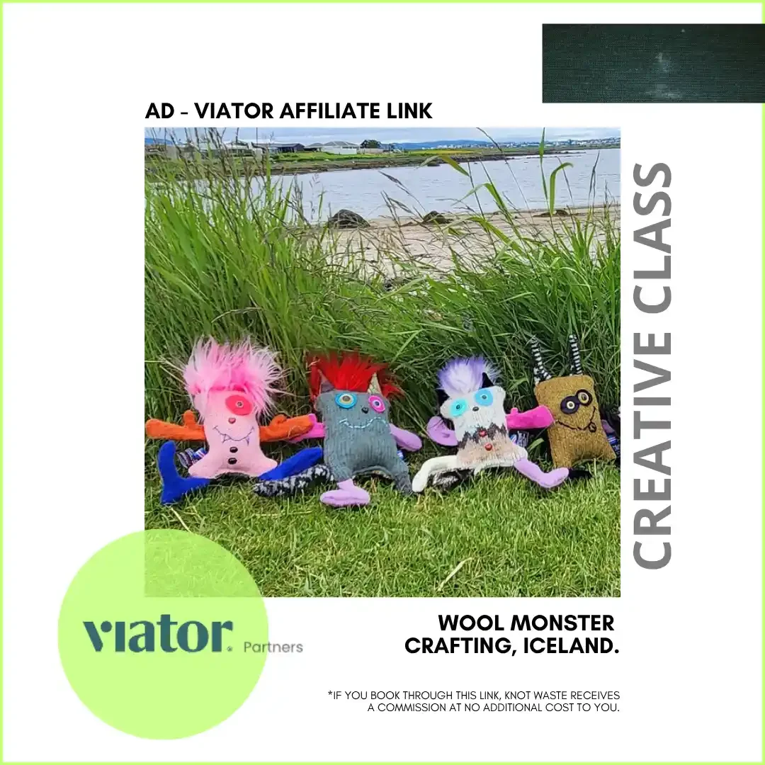 wool crafted monsters sit in a field by a beach highlighting our Viator affiliate link to  a wool monster creative class in Iceland.