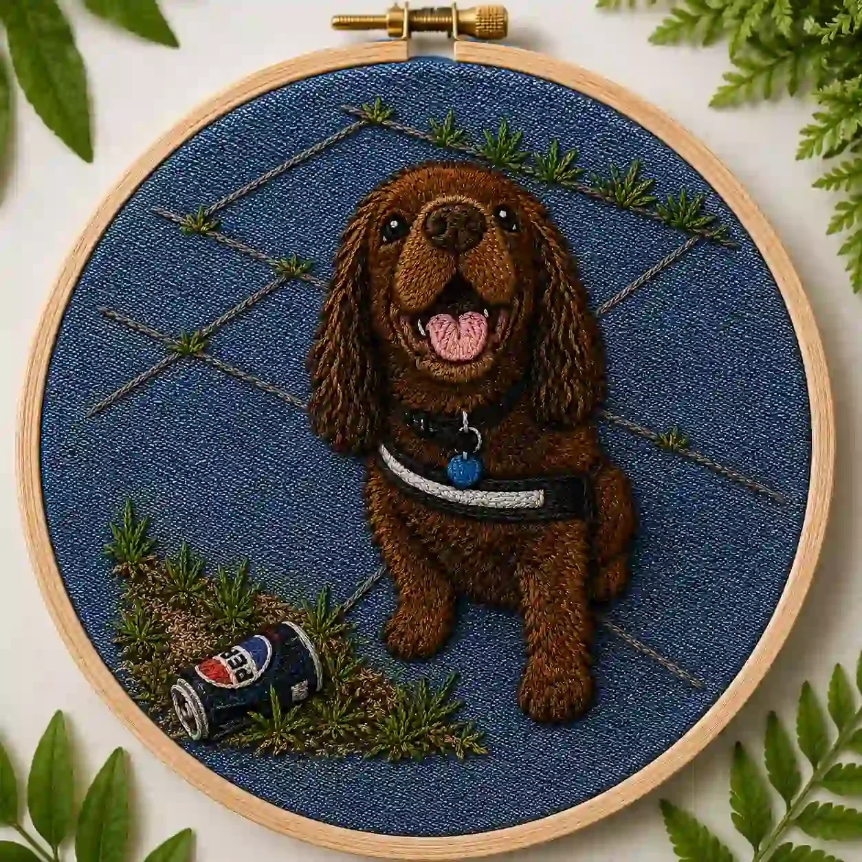 Embroidery of a brown Cocker Spaniel dog sat on a pavement next to urban litter with denim canvas