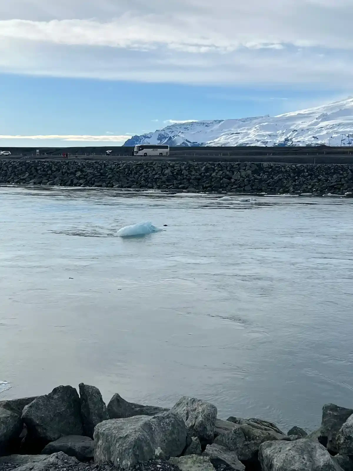 Copyright Knot Waste: Iceland,  Jökulsárlón Glacier Lagoon - Rocks line the lagoon as ice drifts by.