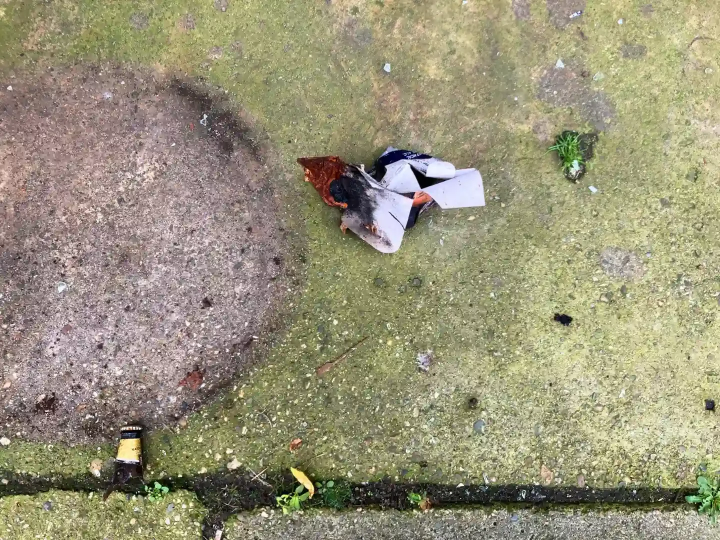 A burnout piece of urban litter on a concrete pavement next to broken glass waste.