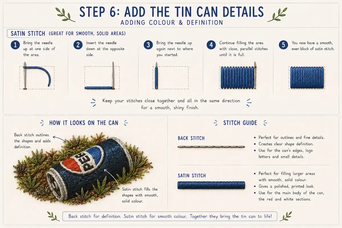 Diagram showing the process of creating Satin Stitch above an embroidered tin can