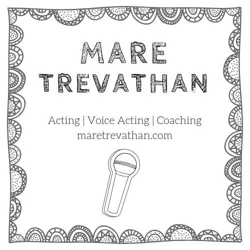 Business card for Mare Trevathan, offering acting, voice acting, and coaching services, with a decorative border and a simple microphone illustration.