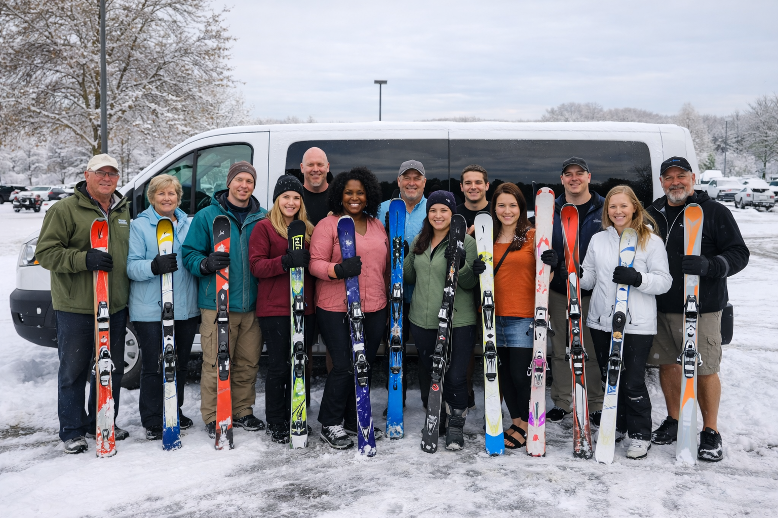 Group of people dressed in winter clothes and holding skis, standing in front of a white van in a snowy parking lot, with snow-covered trees and cars in the background.