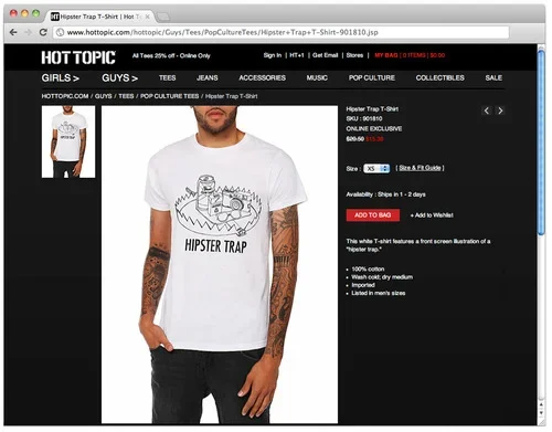 White t-shirt with a cartoon graphic of a trap with the words "HIPSTER TRAP" underneath.
