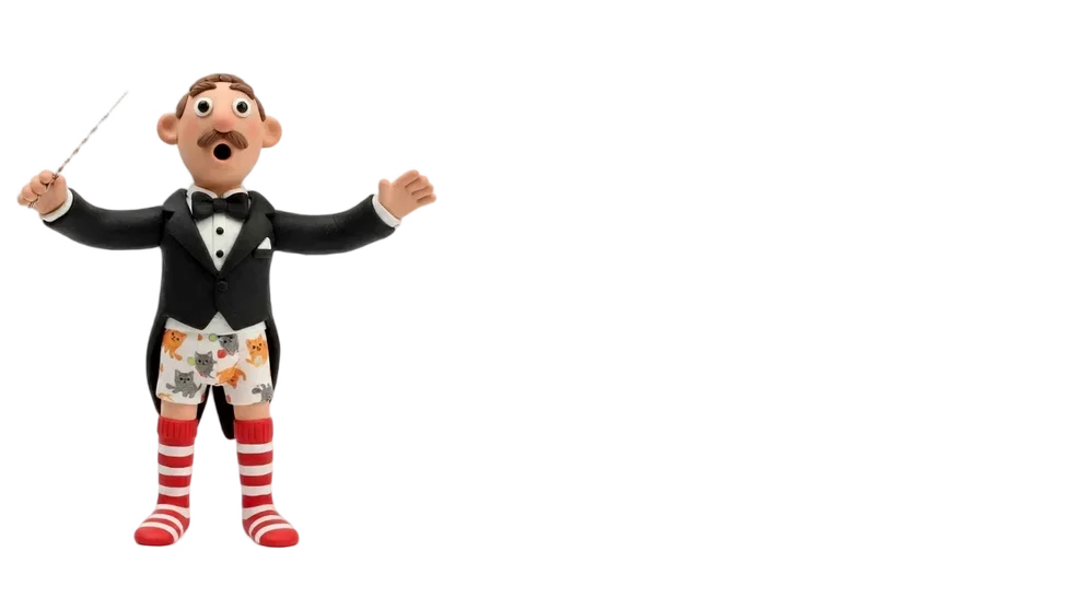A cartoon conductor character in a tuxedo jacket, white dress shirt, and a bow tie, wearing colorful boxer shorts with animal patterns and red and white striped socks, standing with arms raised, holding a conductor's baton, looking surprised or excited.