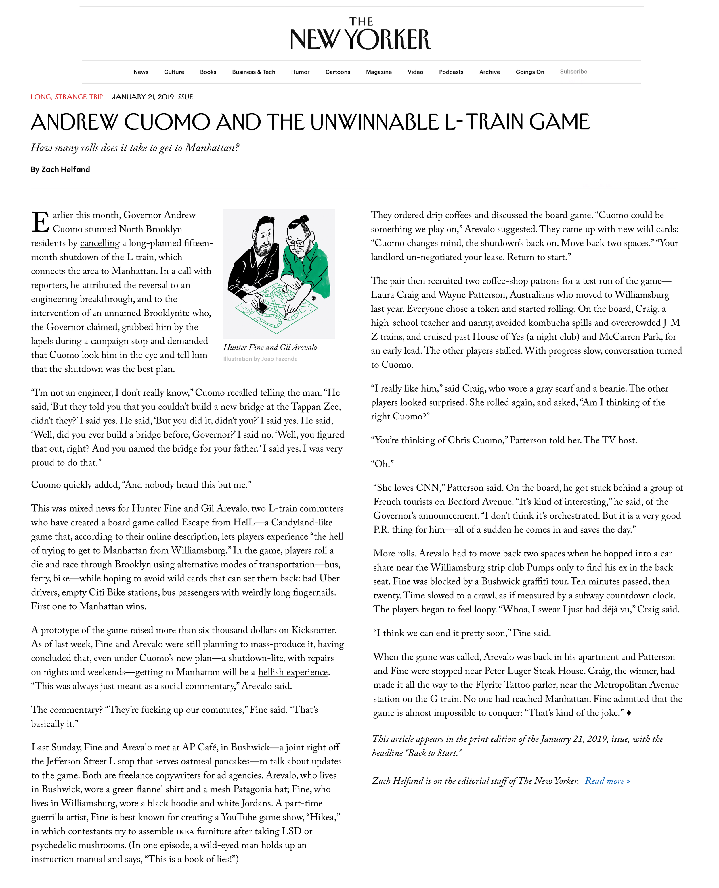A screenshot of an article from The New Yorker titled "Andrew Cuomo and the Unwinnable L-Train Game" by Zach Helfand. The article features a cartoon illustration of Hunter Fine and Gil Arevalo playing a board game. Hunter is wearing a black shirt and Gil is wearing a green hoodie, both engaged in the game on a table.