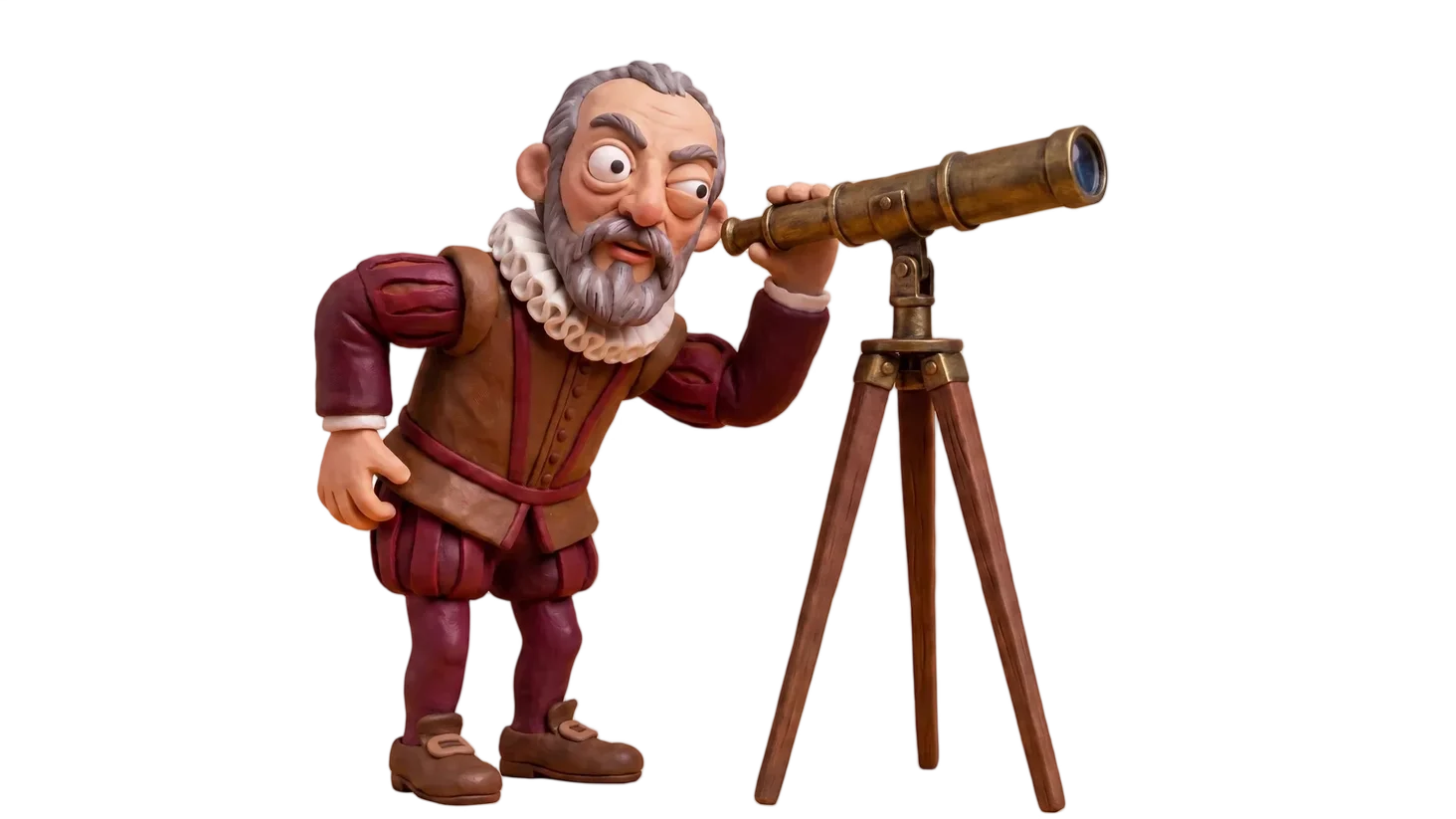 Animated figurine of an elderly man with gray hair, a beard, and large eyes, dressed in renaissance-style clothing, looking through a brass telescope mounted on a wooden tripod.
