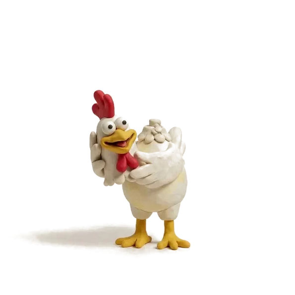 A claymation chicken holding a plate of scrambled eggs.