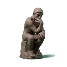 Statue of a man sitting on a rock with his chin resting on his hand, appearing to be in a contemplative pose.