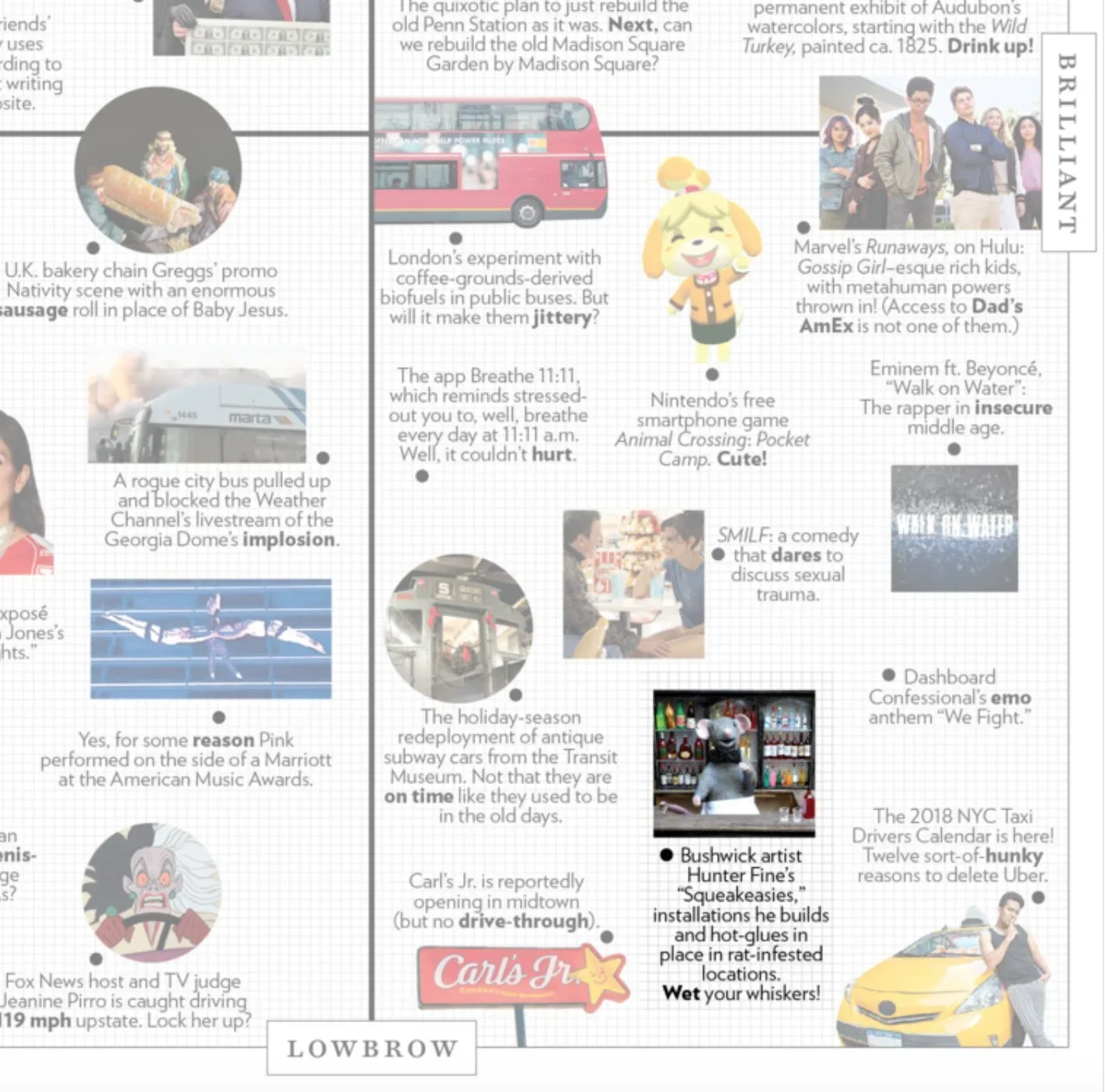 A collage of various magazine snippets including images and text about different topics such as a red double-decker bus, a mascot character, a group of young people, and other miscellaneous subjects.