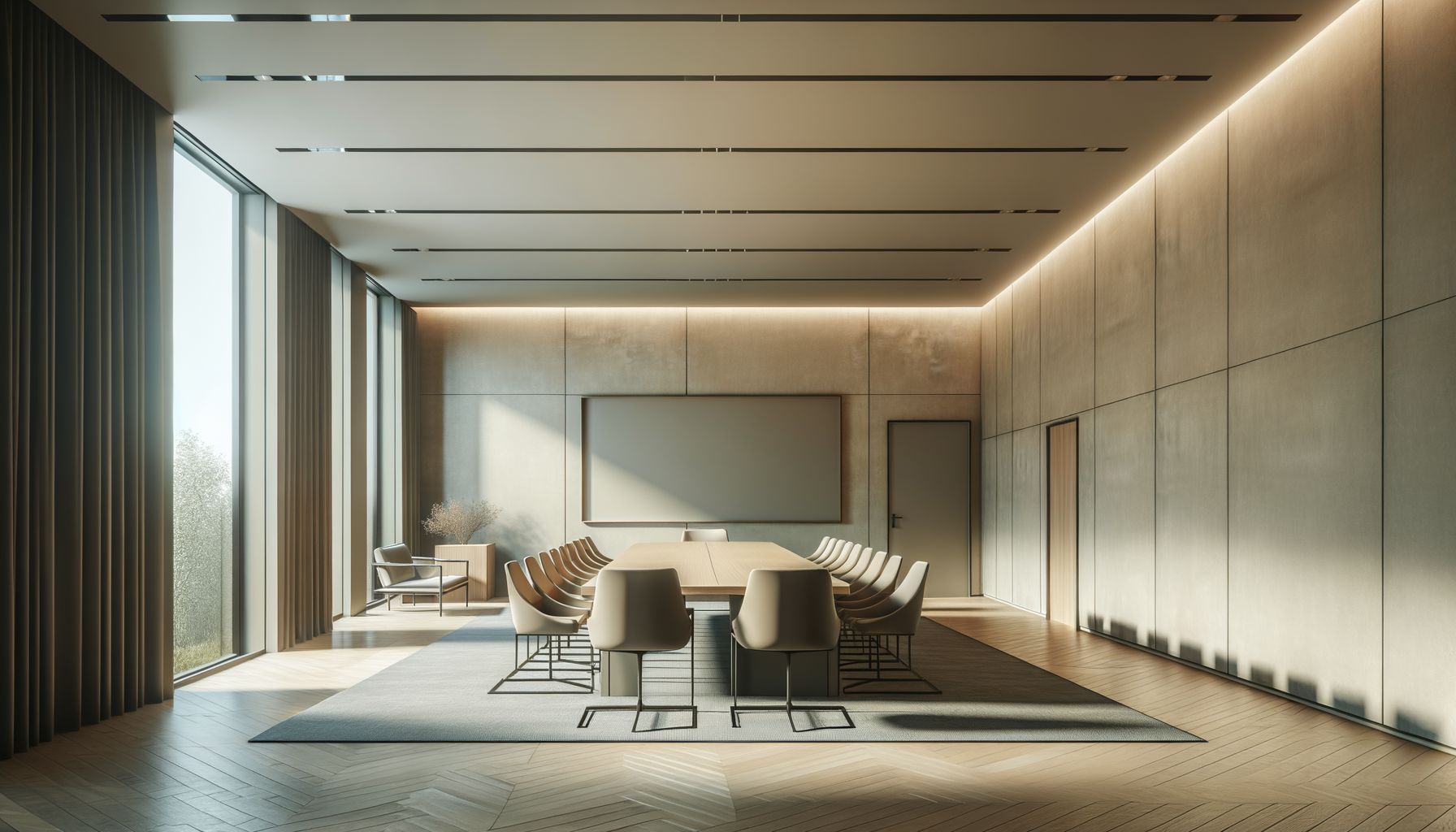 Empty modern conference room with a large rectangular table, twelve beige chairs, large windows with curtains, and a minimalist design.