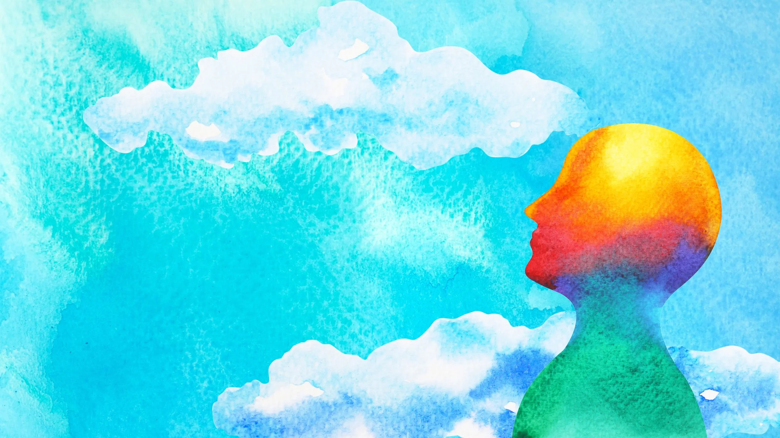 Watercolor painting of a person's side profile with a gradient face in warm colors and a green shirt. The background features light blue skies with white clouds.