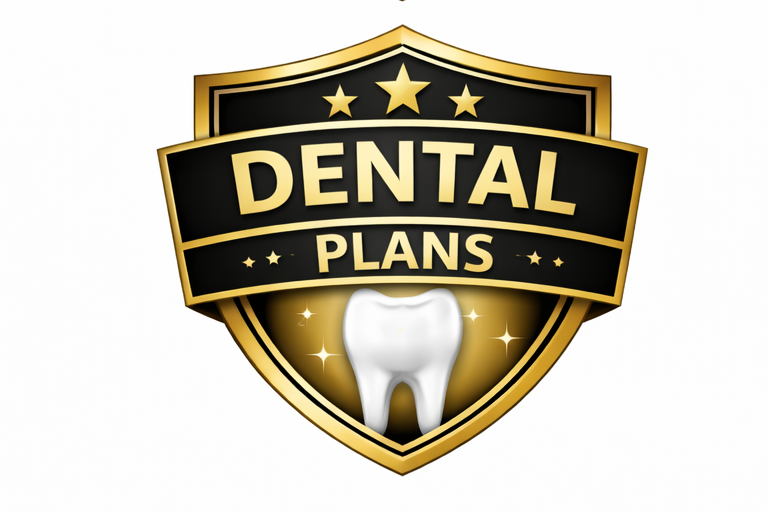 A gold and black shield emblem with a tooth in the center, stars above, and the words 'Dental Plans' in bold letters across the shield.