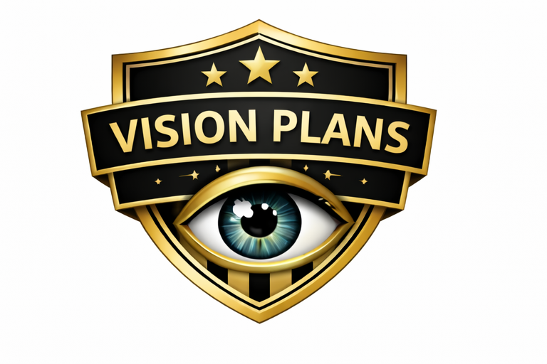 A shield-shaped emblem with a black and gold color scheme, featuring an eye at the bottom and the words "Vision Plans" in bold letters across the top.