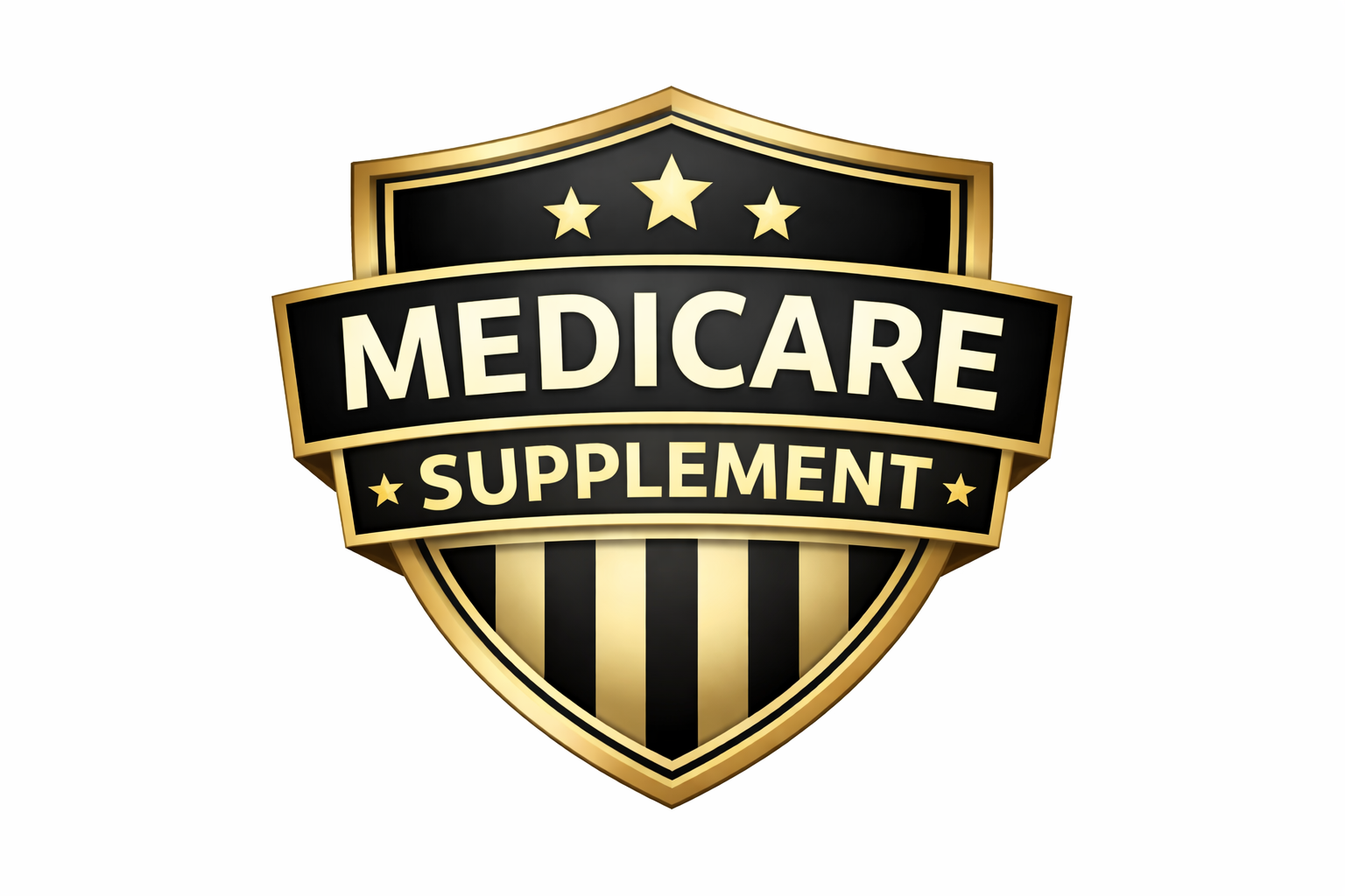 A black and gold shield badge with the words "Medicare Supplement" written across it, featuring three gold stars at the top and vertical gold and black stripes at the bottom.