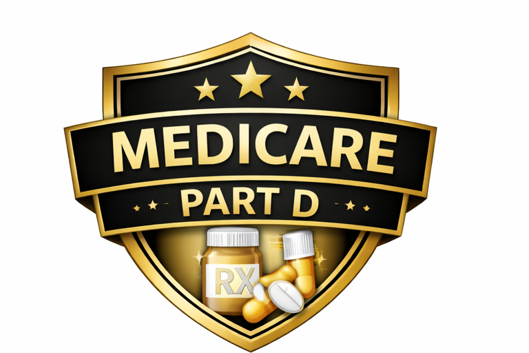 Medicare Part D emblem with a shield, stars, and medication bottles.