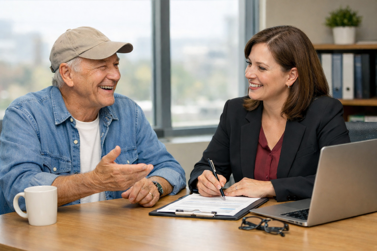 A man and a woman are sitting at a table, smiling and talking. The man is wearing a beige cap, a denim shirt, and a white T-shirt, holding a mug in front of him. The woman is in a black blazer, sitting in front of a laptop, with a clipboard and pen. They are in an office setting with large windows and a bookshelf in the background.