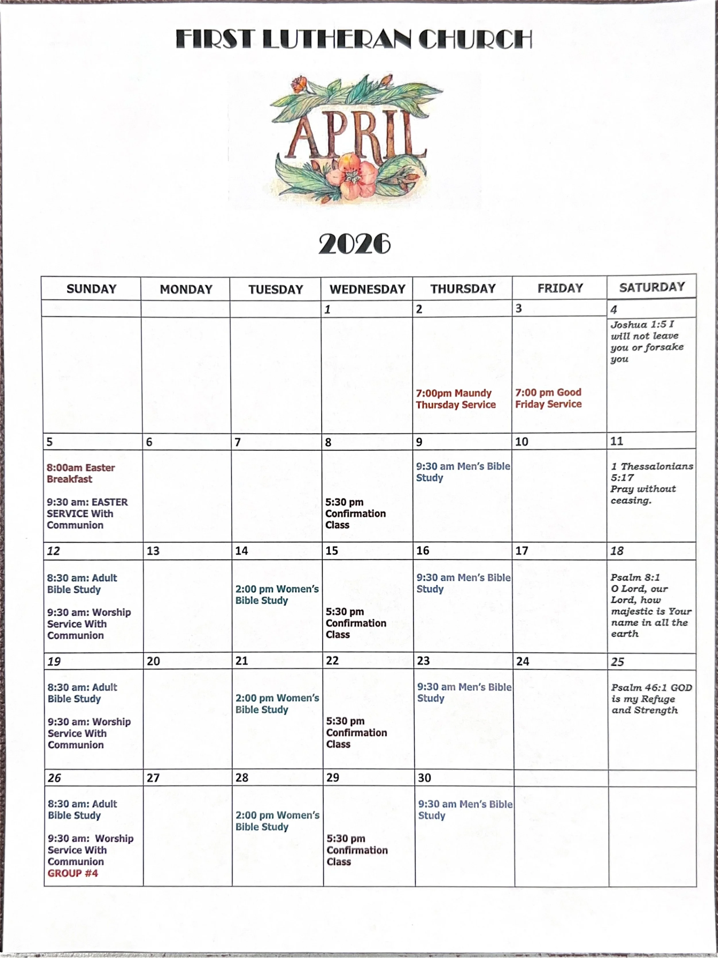 April 2026 church calendar for First Lutheran Church with scheduled services, Bible studies, and events including Easter celebrations and confirmation classes.