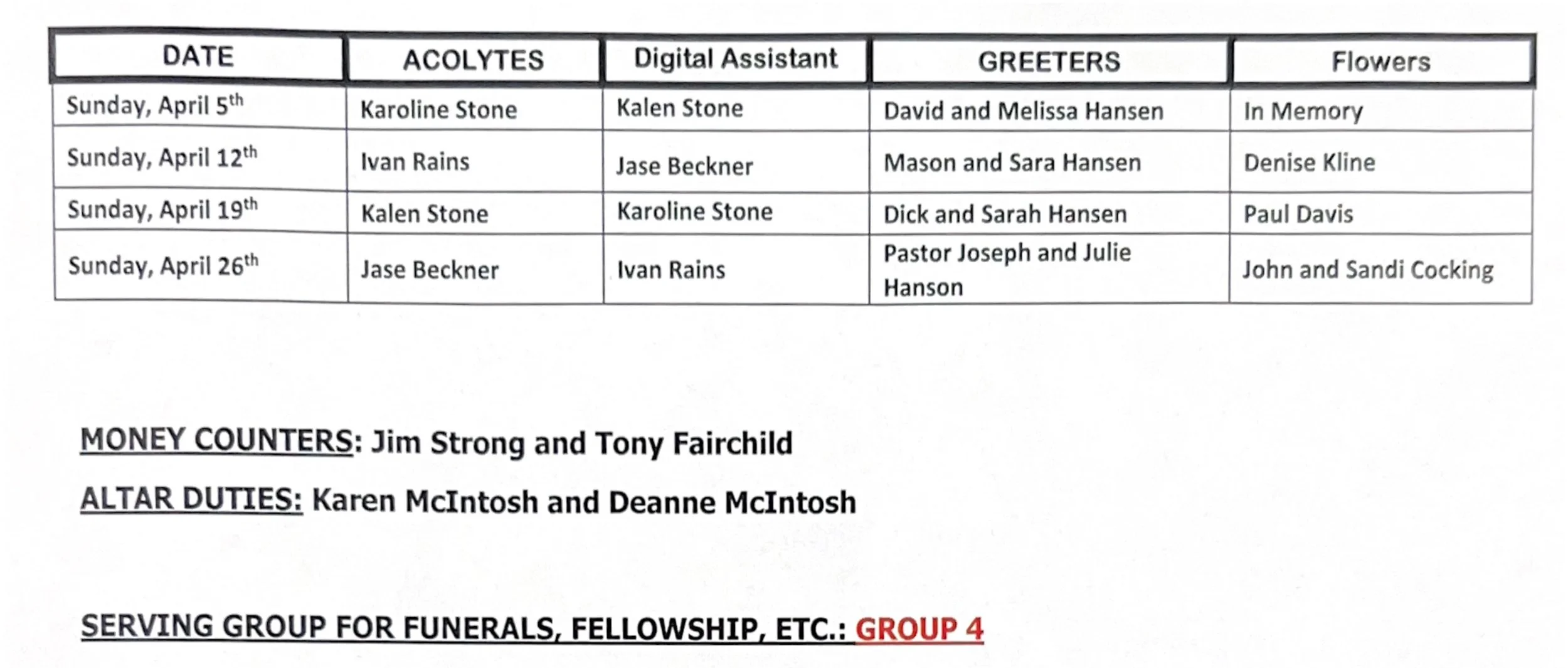A monthly service schedule including dates, names of acolytes, digital assistants, greeters, and flowers, along with notes on money counters, altar duties, and serving group.