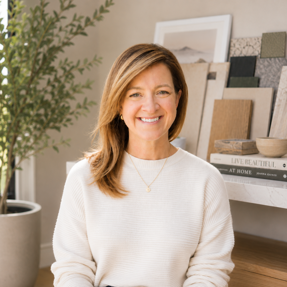 Smiling woman with shoulder-length light brown hair, wearing a white sweater and gold jewelry, sitting in a room with a potted plant and a bookshelf with art and decor items.