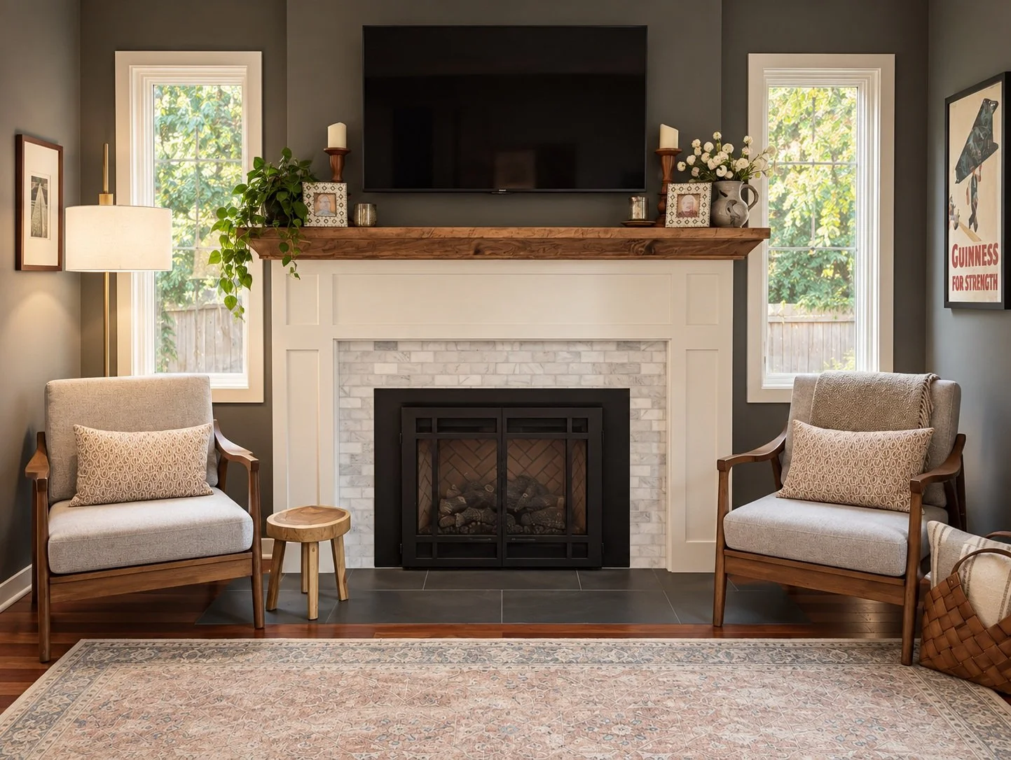 Living room with a fireplace, two beige armchairs with wooden arms, a small wooden side table, built-in white mantel with decor, a flat-screen TV above, and windows on each side letting in natural light.