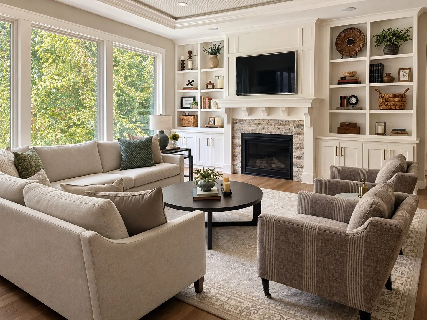 Living room with large windows, white furniture, multiple pillows, and a fireplace with a television mounted above. Built-in shelves with decorative items and books flank the fireplace. There is a round black coffee table with decor and candles, and a beige patterned armchair and striped armchair facing the sofa.