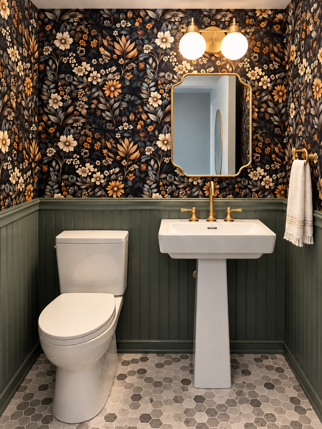 Bathroom with floral wallpaper, green wainscoting, white toilet, pedestal sink with gold fixtures, oval mirror with gold trim, gold light fixture, and a white towel hanging on a gold towel ring.