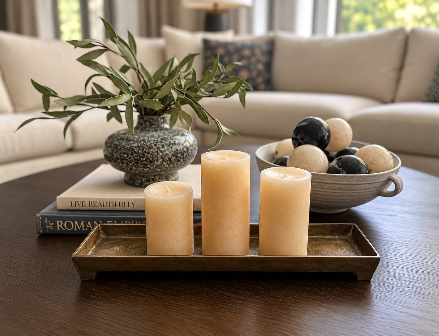 Decorative living room table with three cream-colored candles in a gold tray, a vase with green foliage, a bowl of black and cream decorative balls, and books titled "Live Beautifully" and "The Roman Empire" in the background.