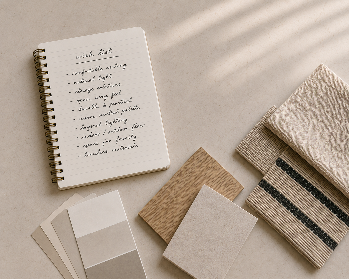 Interior design mood board with fabric samples, a notebook with a wish list, and color swatches on a beige surface.