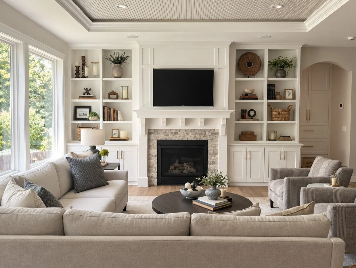 Living room with a fireplace, a wall-mounted TV above, white built-in shelves with decorative objects, beige sofa with dark pillows, and two armchairs.