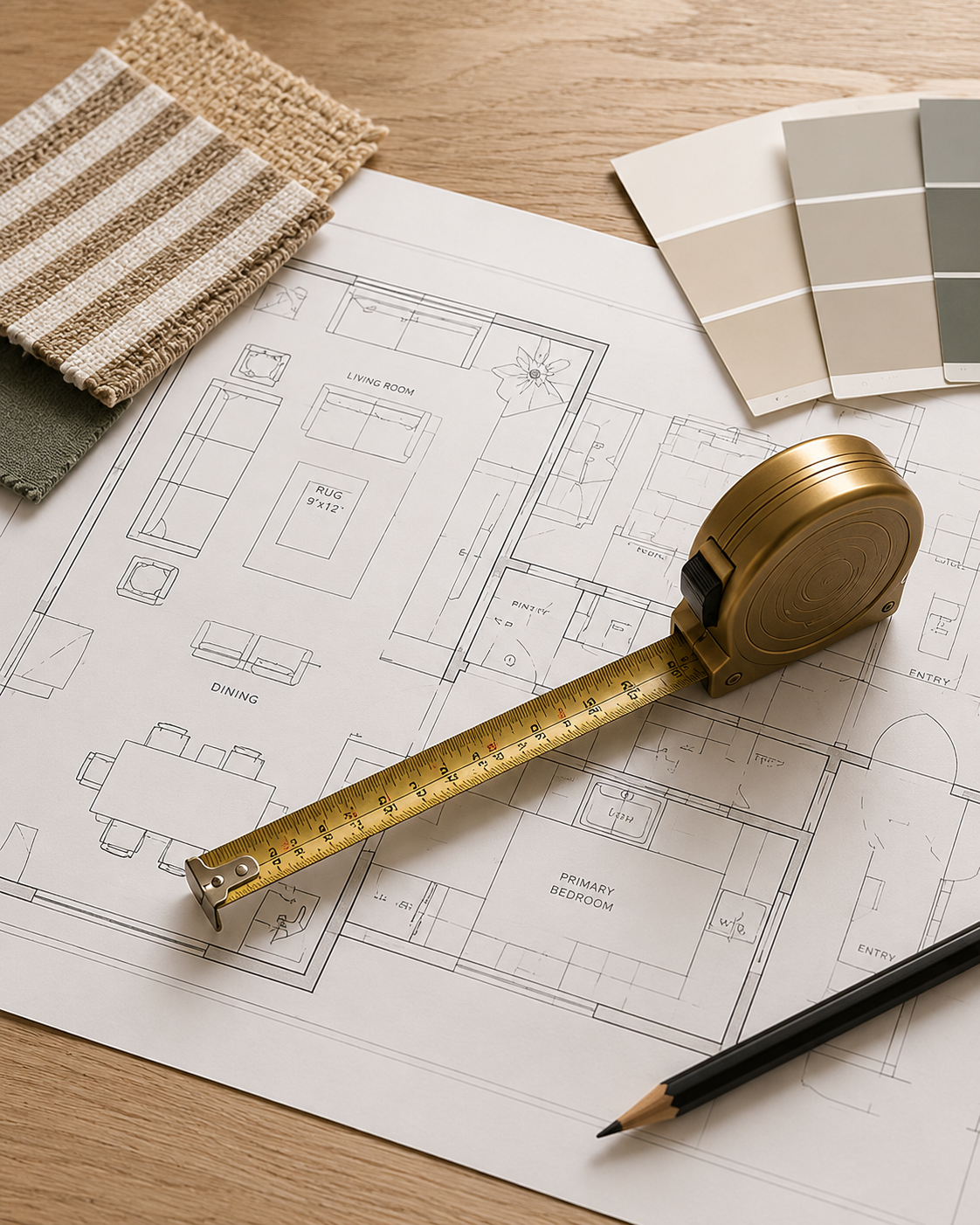 Floor plans and design materials for a home renovation project, including paint samples, fabric swatches, and a tape measure.