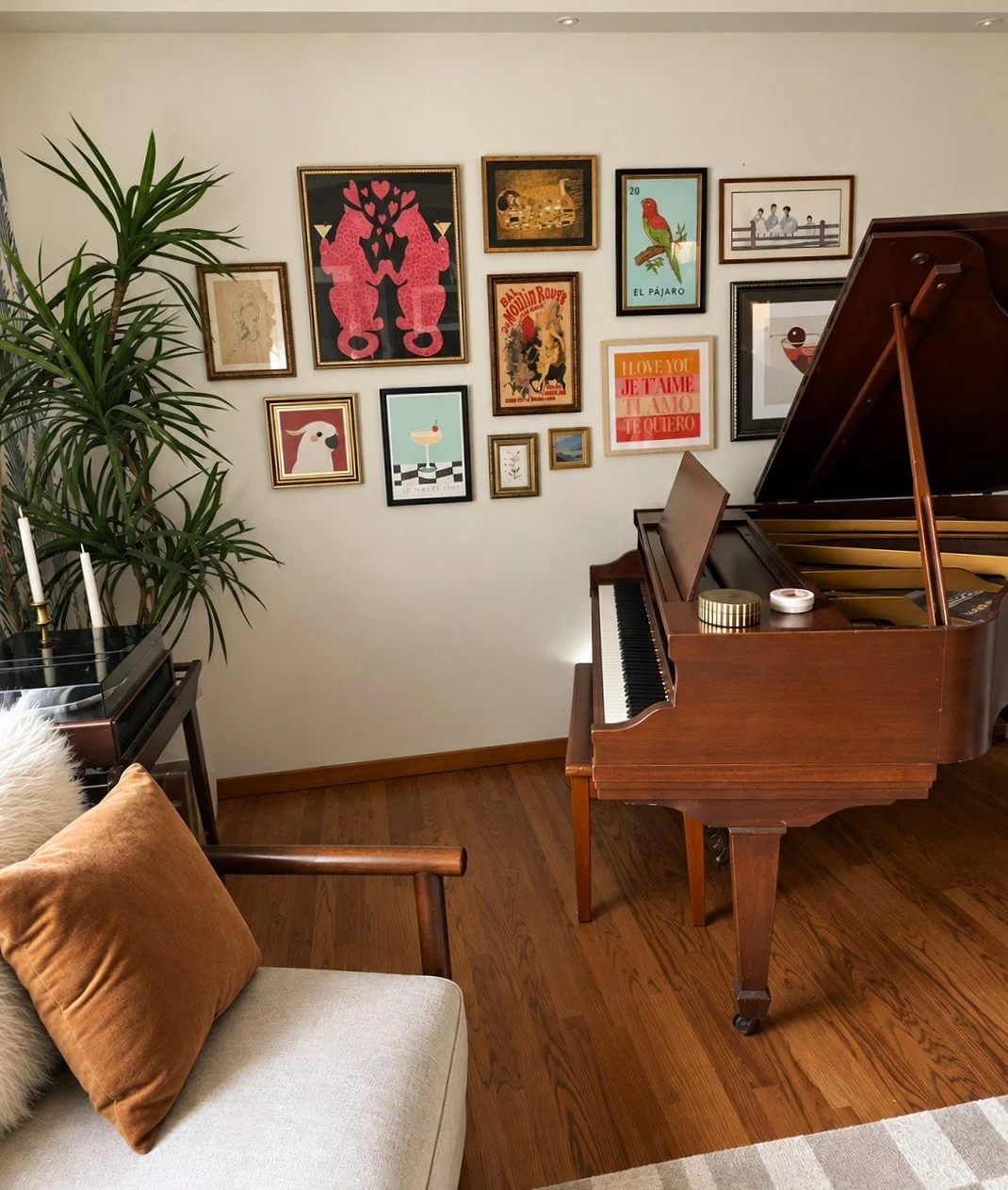 A wooden grand piano, a large houseplant, and a wall decorated with framed artwork and posters in a cozy living room.