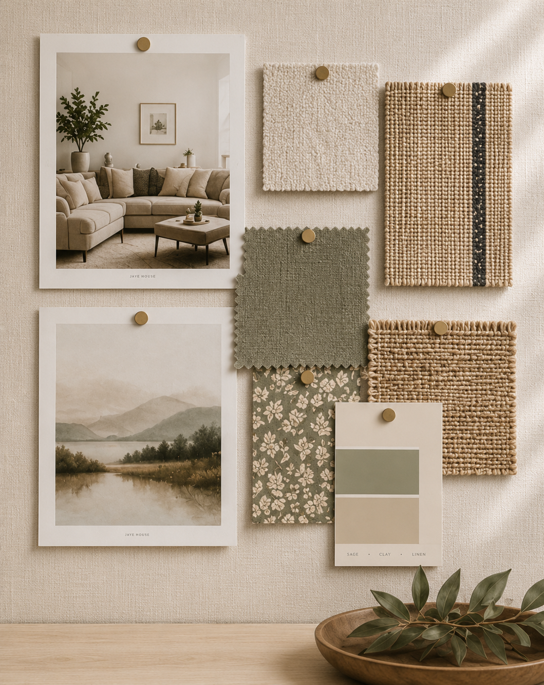Interior decor wall with two landscape photos, fabric swatches, and color samples, featuring beige, green, and floral patterns, with a wooden bowl and green leaves at the bottom.