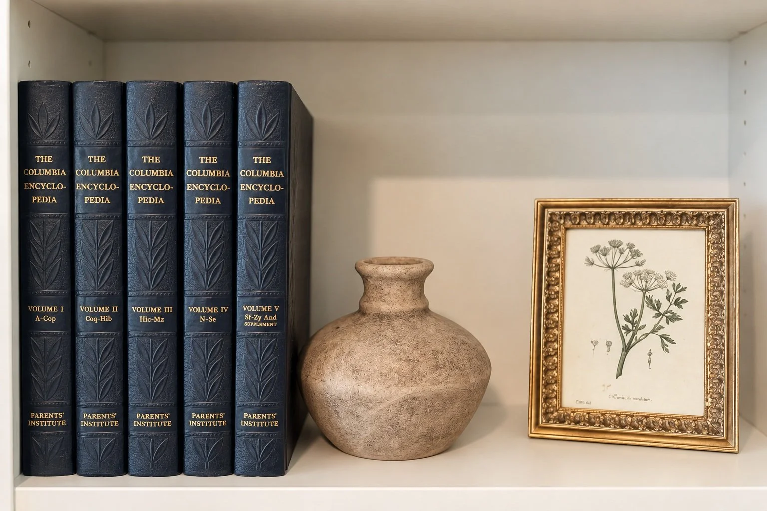 Bookshelf with six volumes of The Columbia Encyclopedia, a beige ceramic vase, and a framed botanical print of a plant with small flowers.