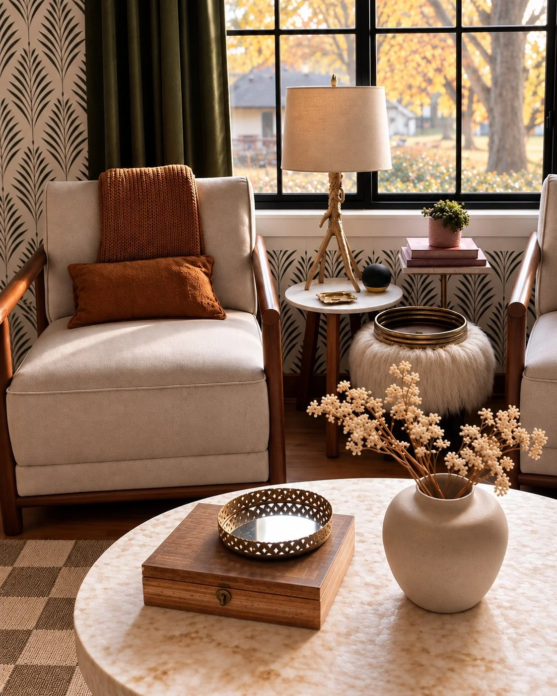 Living room with two beige armchairs, one with an orange pillow and blanket, a side table with a lamp, and a round coffee table with a vase of flowers and a decorative tray. Large window with autumn trees outside.