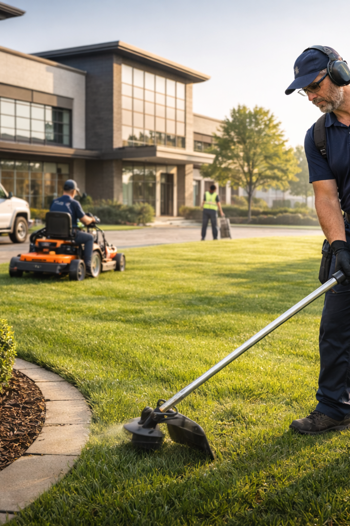 A man mowing the lawn outside a modern building with a riding mower and another man with headphones trimming the grass with a string trimmer.