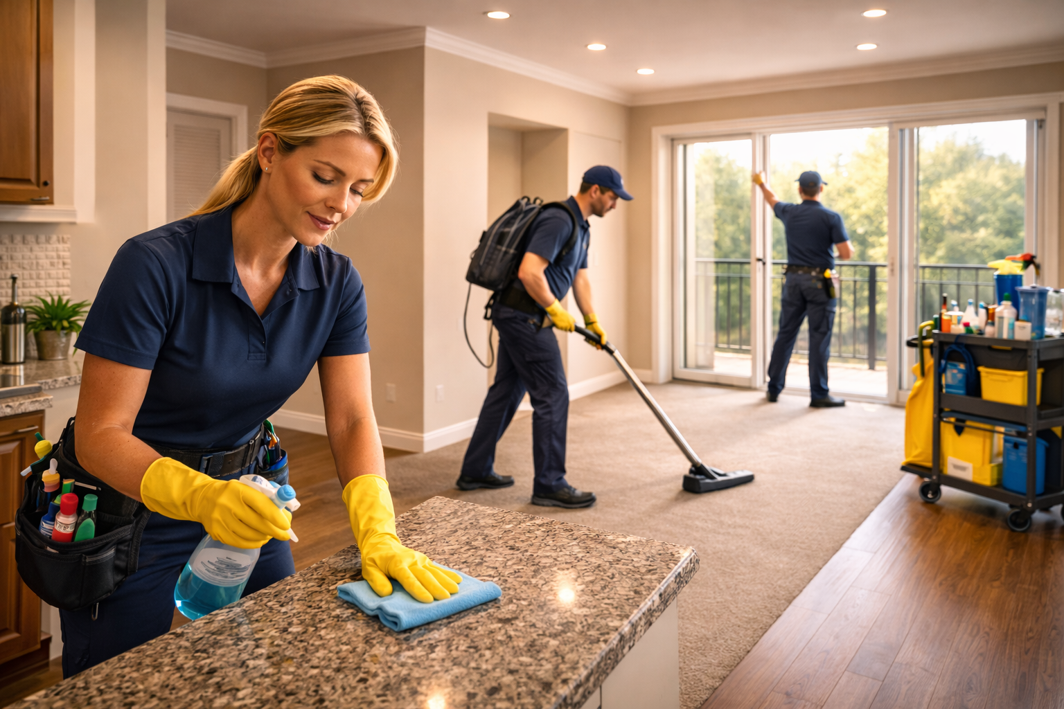 Cleaning crew cleaning a living room in an apartment with large windows or sliding doors, using spray bottles, cloths, and vacuum cleaner.