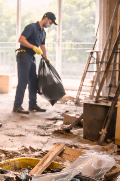 A man wearing a mask, gloves, and a cap cleaning up debris inside a building under construction, holding a trash bag.
