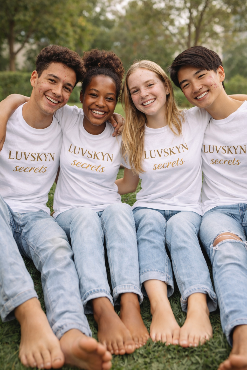 Four friends sitting on grass, smiling, wearing matching white T-shirts with gold text, outdoors with trees in the background.