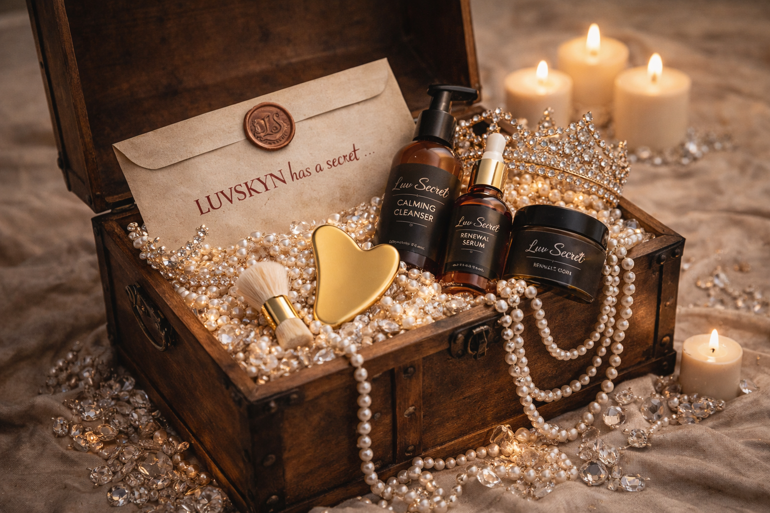 Open wooden jewelry box filled with pearl necklaces, a yellow heart-shaped mirror, skincare products labeled Lux Secret, a pearl crown, and a makeup brush, with candles and scattered crystals in the background.