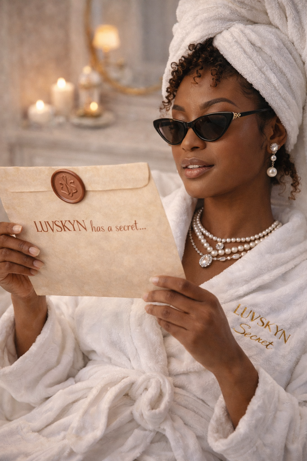 A woman wearing a white bathrobe, pearl jewelry, and sunglasses, holding an envelope with the text 'LUVSKYN has a secret...' written on it. She is standing in a bathroom with lit candles in the background.