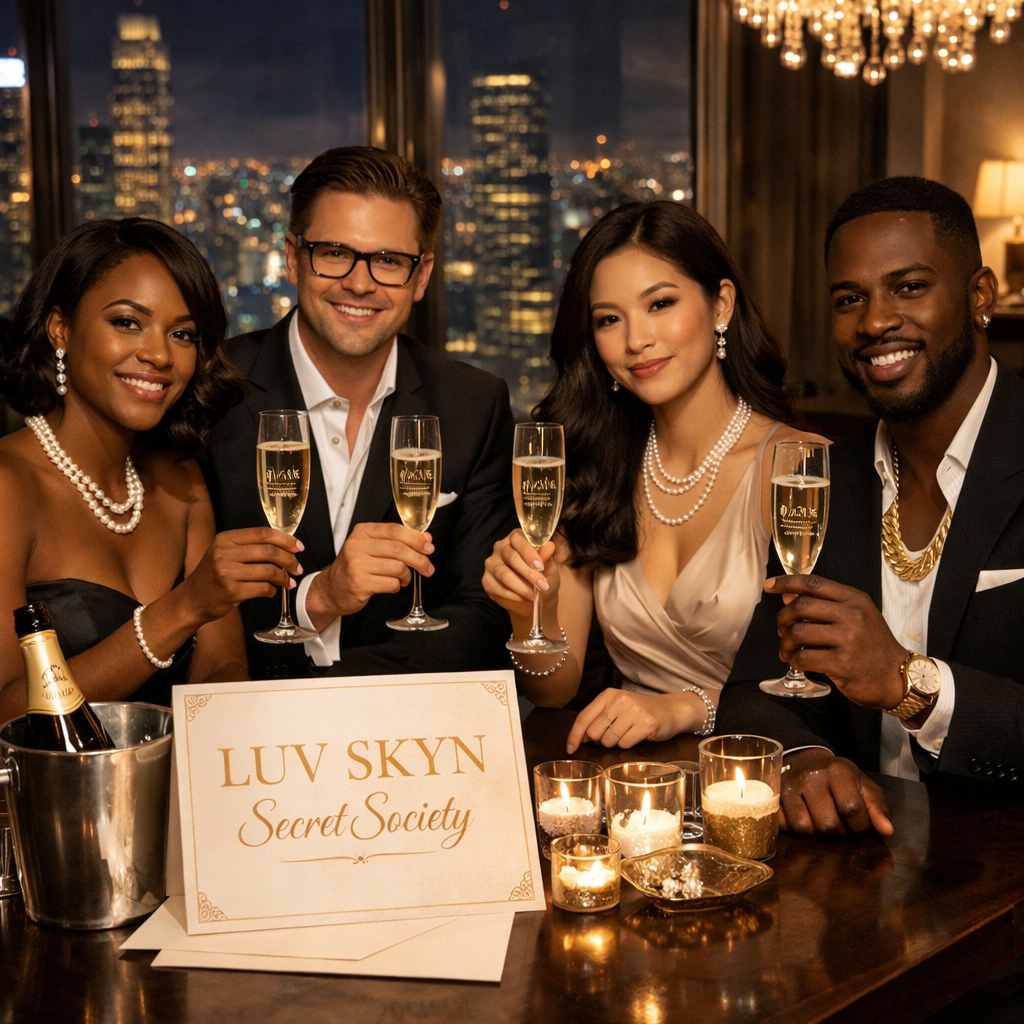 A diverse group of five friends dressed in formal attire, holding champagne glasses, sitting around a table with lit candles and a sign that reads 'LUV SKYN Secret Society,' in a luxurious city skyline setting.
