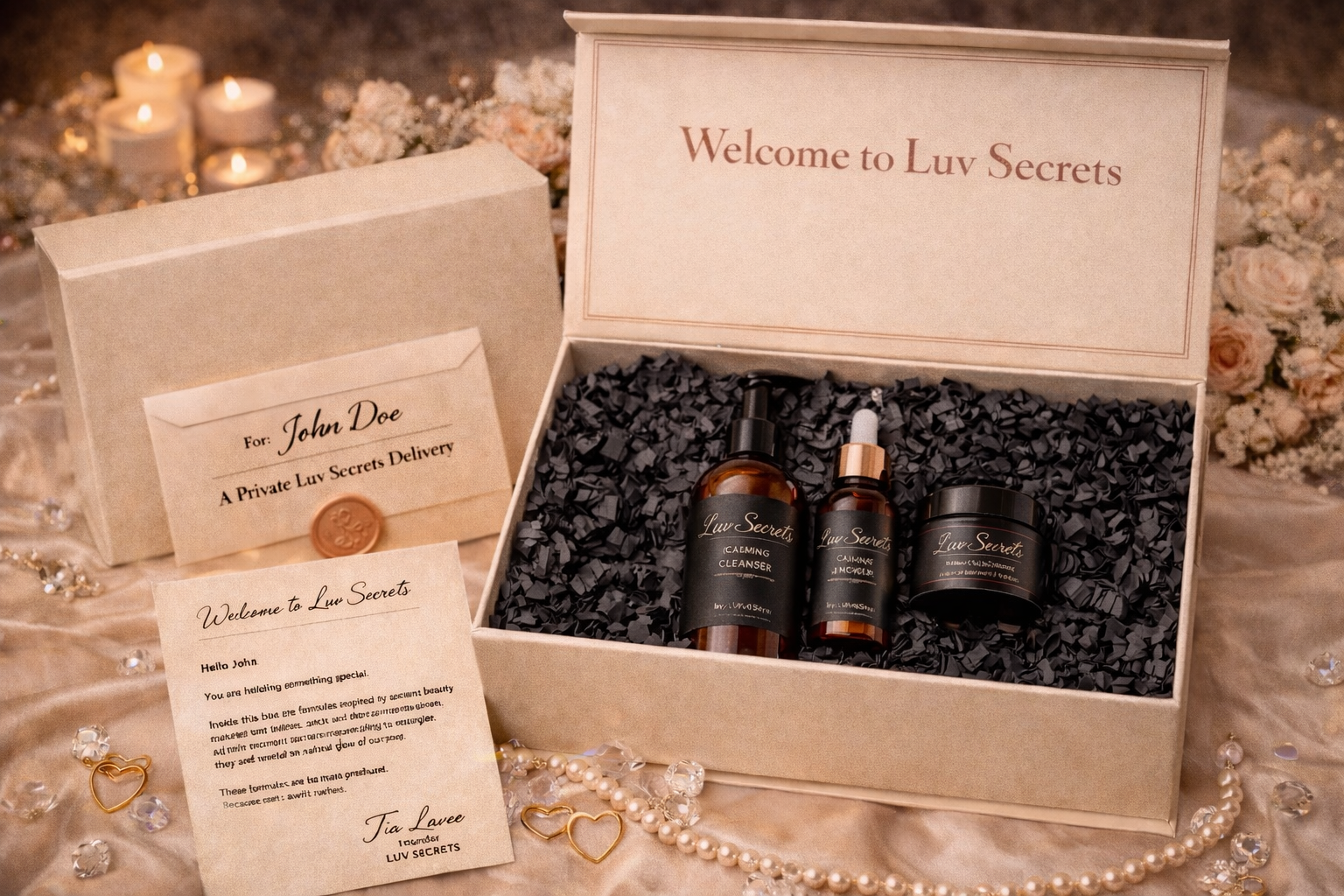Open box of skincare products from Luv Secrets, labeled 'Welcome to Luv Secrets', surrounded by candles, pearls, and decorative items, with an envelope addressed to John Doe and a handwritten note.