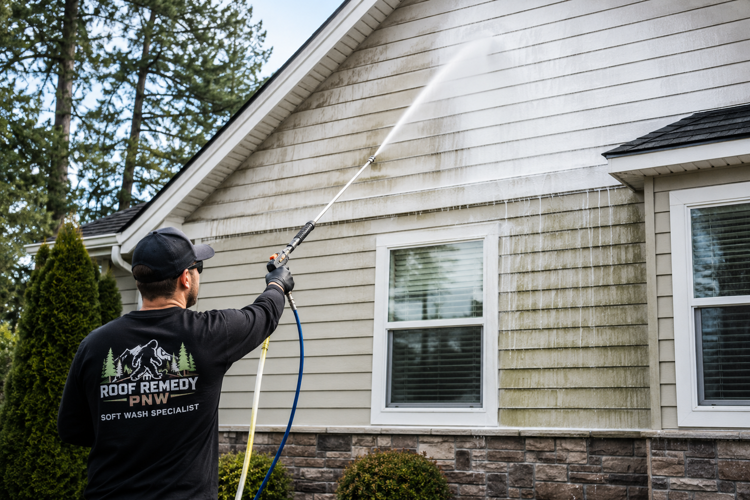 A person pressure washing the dirty siding of a house with white trim and windows, wearing a black cap, sunglasses, and a black long-sleeved shirt with logo.